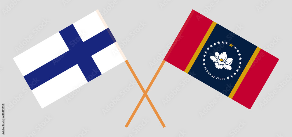 Crossed flags of Finland and the State of Mississippi. Official colors. Correct proportion