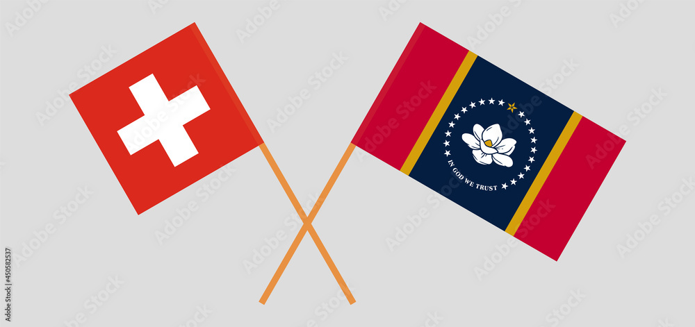 Crossed flags of Switzerland and the State of Mississippi. Official colors. Correct proportion