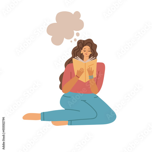 Cute woman reading a book sitting on a floor with a cloud above her head. Stay home concept, positive relaxation, reading books isplated print. Flat cartoon Vector illustration photo