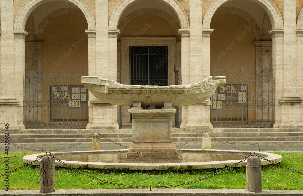The Navicella fountain in Rome takes its name from the miniature representation of an ancient Roman galley and is located in the center of the square in front of the church of S. Maria in Domnica, als