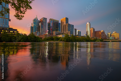 Downtown Skyline of Austin  Texas in USA. Austin Sunset on the Colorado River. Night sunset city.