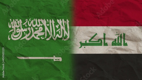 Konstfotografi Iraq and Saudi Arabia Flags Together, Crumpled Paper Effect Background 3D Illust