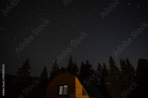 Beautiful night landscape, house among the forest against the background of the starry sky © onyx124