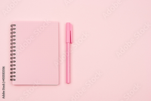 pink notebook and pink pen on a pink background