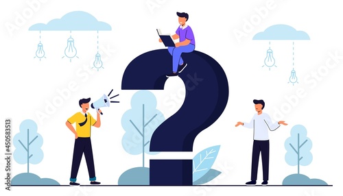 Q and A or FAQ concept with tiny people character Big question mark Frequently asked questions template Business decision making doubt about options confusion Decide right solution directions dilemma
