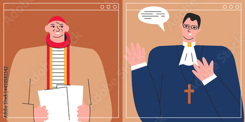 Pope listening to priest with video call app. Internet church conducting church services in live. Online conference between religious workers. Cartoon pastor concept design. Vector flat illustration