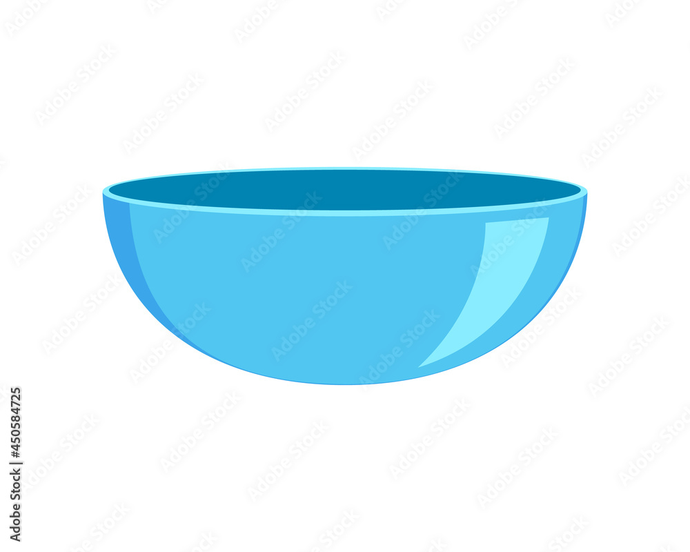 Empty blue plastic or ceramic bowl. Clean dishware for breakfast or dinner isolated on white background. Vector cartoon illustration. Empty blue plastic or ceramic bowl. Clean dishware for breakfast or dinner isolated on white background. Vector cartoon illustration.