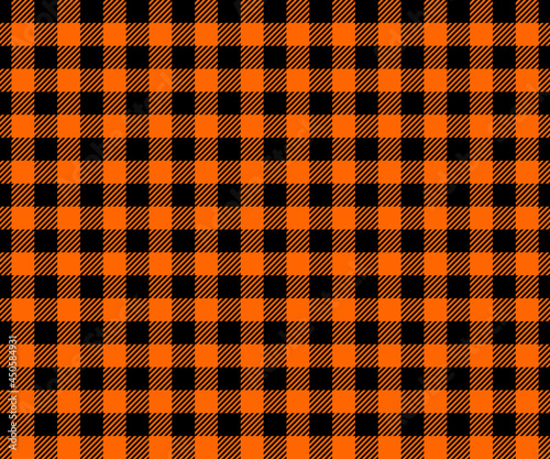 Halloween or Thanksgiving day seamless pattern. Black and orange gingham plaid texture with whole and striped squares. Checkered background for fall blanket or tablecloth. Vector flat illustration.