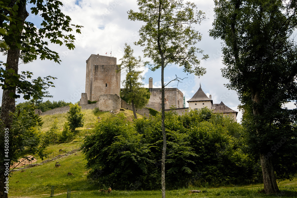 Landstejn, South Bohemian, Czech Republic, 03 July 2021: medieval knights ancient ruins of Romanesque and gothic castle at sunny summer day, Stone wall standing on green hill, Forest scenic landscape