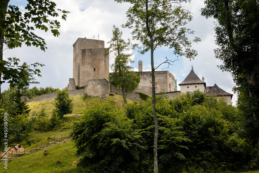 Landstejn, South Bohemian, Czech Republic, 03 July 2021: medieval knights ancient ruins of Romanesque and gothic castle at sunny summer day, Stone wall standing on green hill, Forest scenic landscape