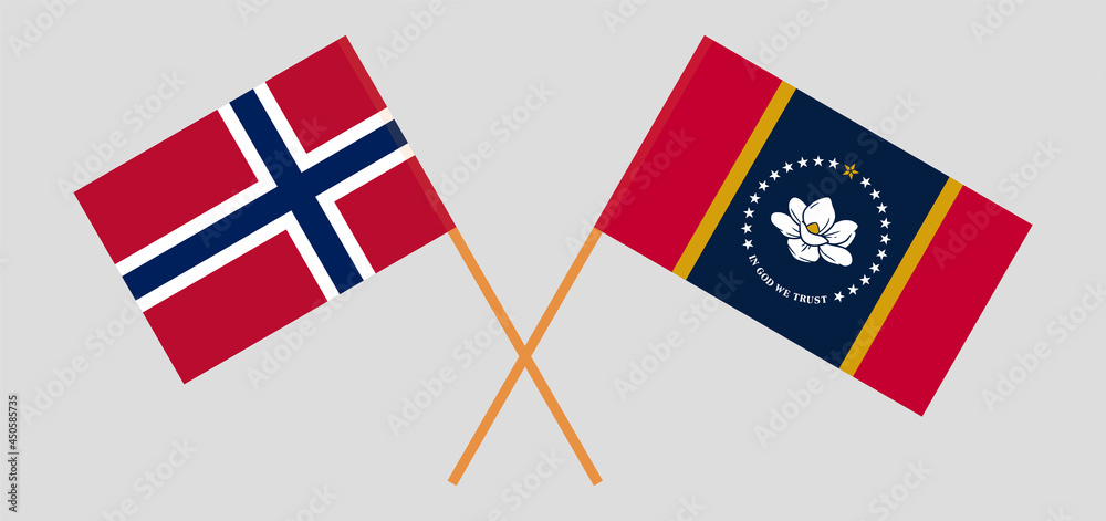 Crossed flags of Norway and the State of Mississippi. Official colors. Correct proportion