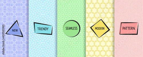 Vector geometric seamless patterns collection. Set of simple bright colorful backgrounds with modern labels. Abstract minimal textures. Trendy neon color palette, pink, lilac, blue, yellow, mint green