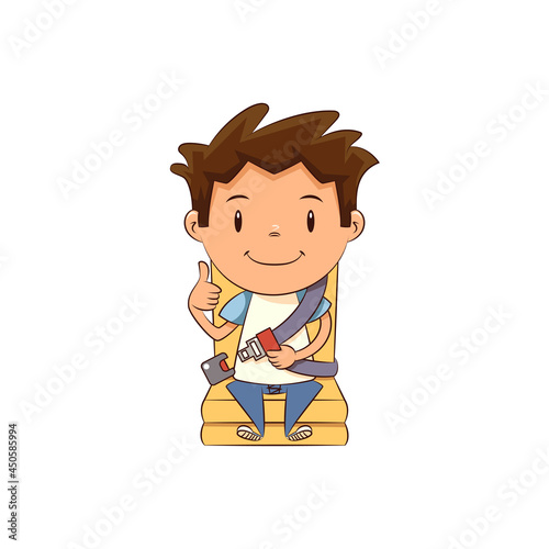 Child seat belt, buckle up, happy cute kid