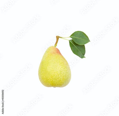 Fresh yellow pear with leaves on white background. Isolated.