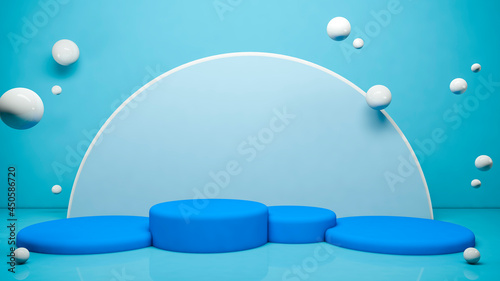 Cylinder podium or Round stage. Isolated blank stand for showing product on blue background. 3D rendering with minimal empty blue podiums scene for product presentation