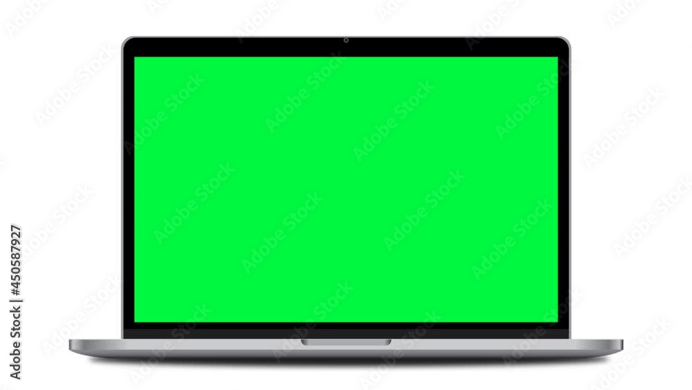 Laptop mockup with green screen, front view, isolated on white background. 4K animation	