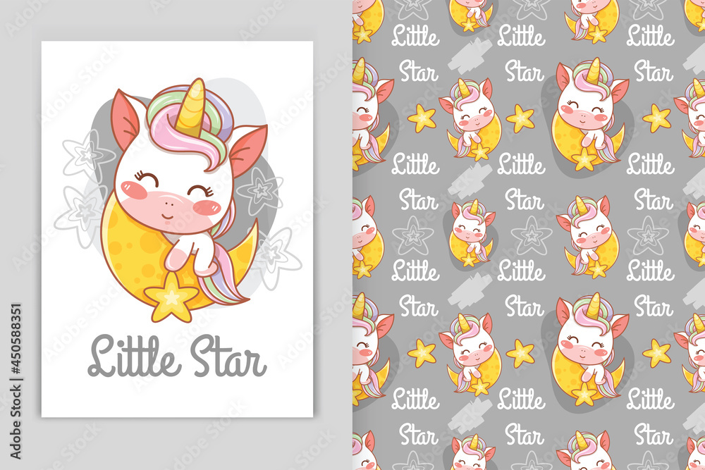 cute baby unicorn with moon and little star cartoon illustration and seamless pattern set