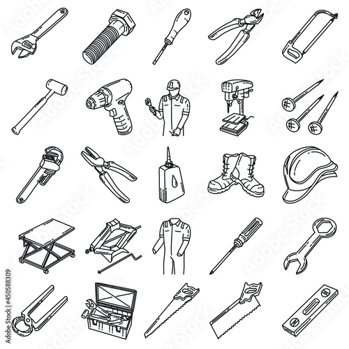 Mechanical Activity and Equipment Device Hand Drawn Icon Set Vector.