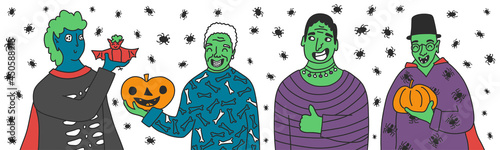 Group of Halloween party green and blue skin people with pumpkins, vampire bat. Vector illustration of zombies in costumes with strange eyes