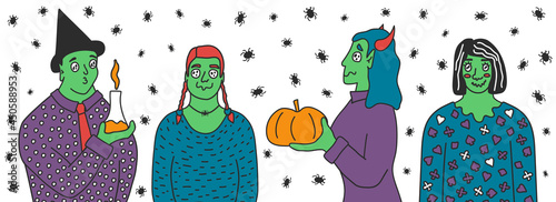 Set of Green skin magician people with pumpkins, flask with substance. Vector illustration of zombies in costumes with strange eyes