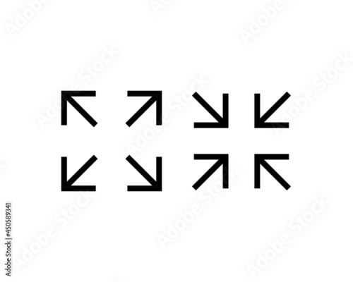 Full screen and exit from full screen mode. Set of black icons isolated on white background. Vector illustration.
