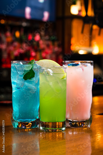 Popular alcoholic cocktails composition. Many cocktail drinks Blue hawaiian, tropical Martini, margarita