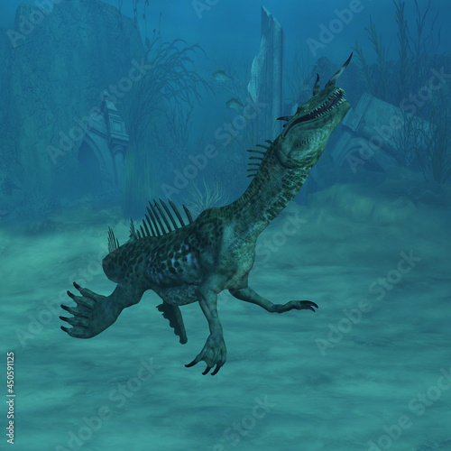 3d-illustration of an giant fantasy sea dinosaur underwater