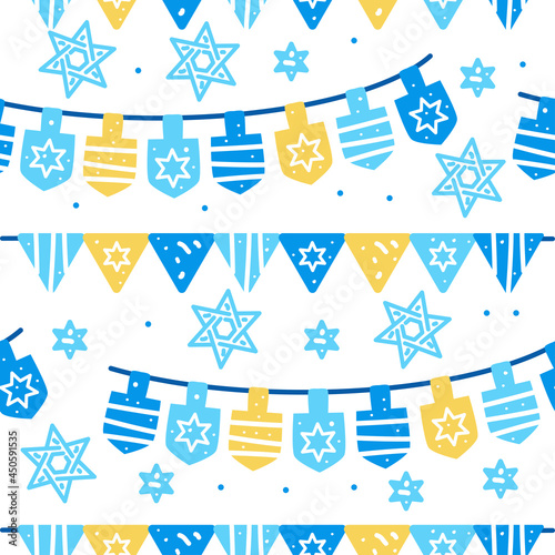 Happy Hanukkah celebration seamless pattern with holiday objects. Background with garland and star of David. Cute design for wallpapers, children giftwrap paper, textile print, greeting cards.