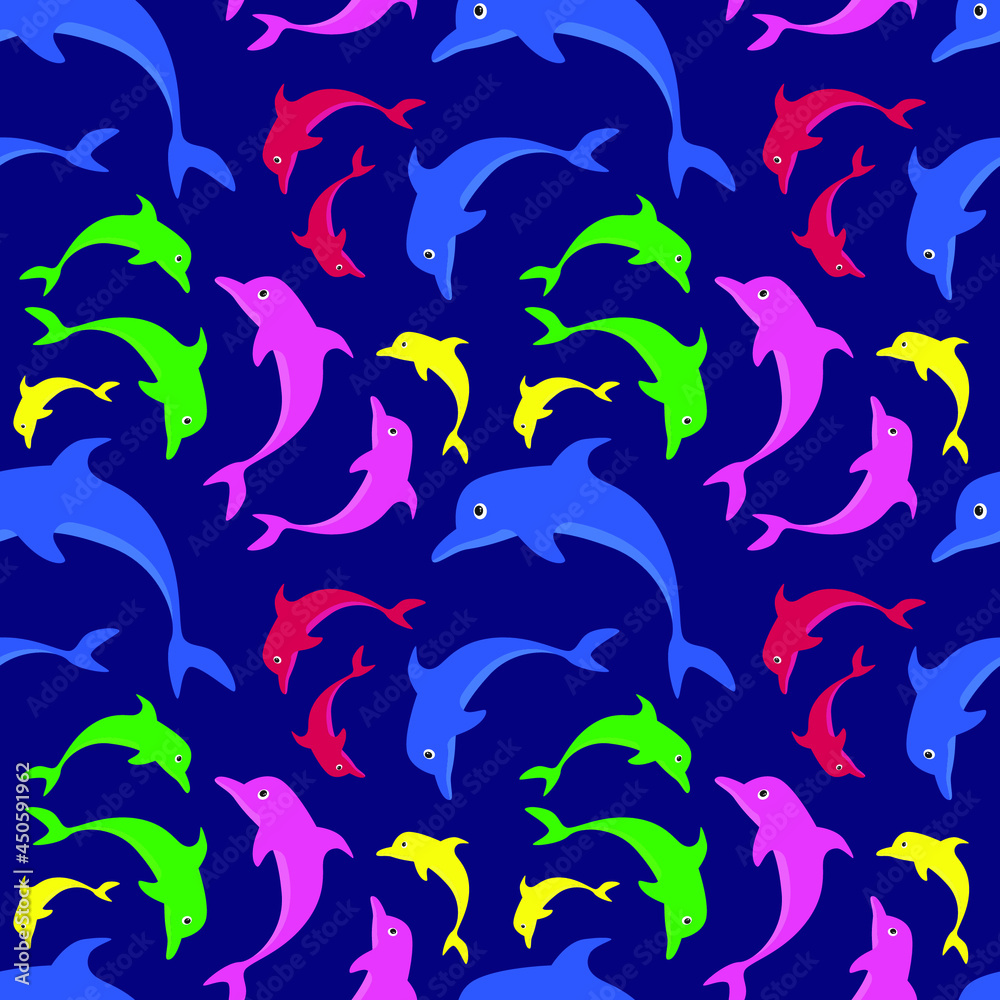 Naklejka premium Colorful dolphin on blue background seamless pattern vector illustration.