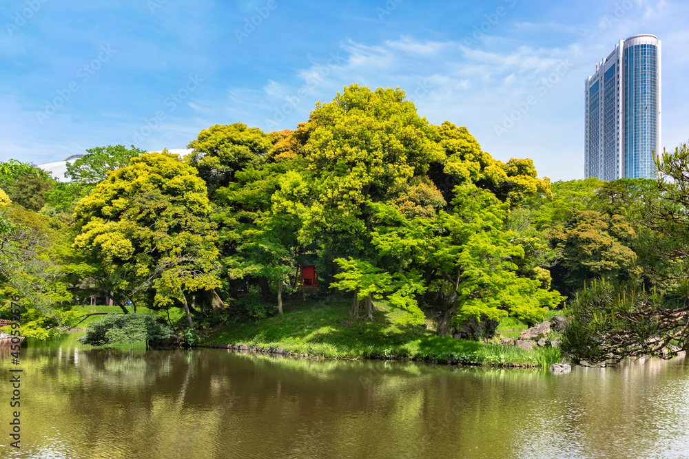 Japanese Oizumisui pond with in its center a tiny Shintoist Hokora shrine dedicated to one of the seven lucky gods the goddess Benzaiten in the Koishikawa Korakuen Park.