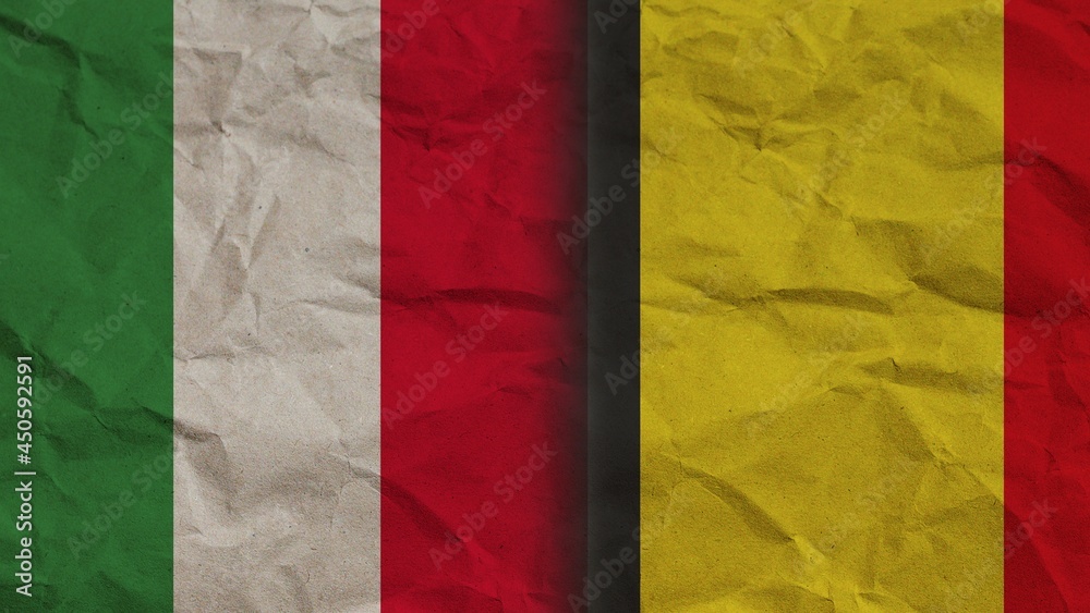 Belgium and Italy Flags Together, Crumpled Paper Effect Background 3D Illustration