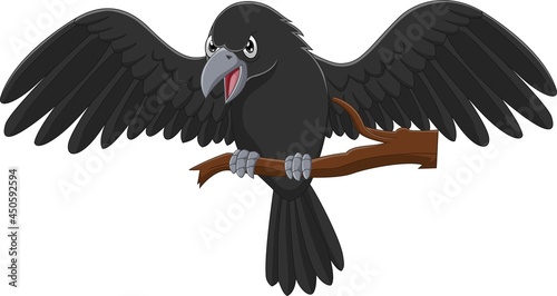 Cartoon crow on a tree branch