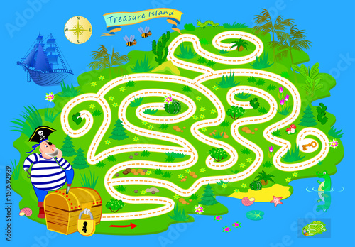 Logic puzzle game with labyrinth for children and adults. Where pirate has lost the key to treasure chest? Help him find the way. Worksheet for kids brain teaser book. Play online. Maze for kids.