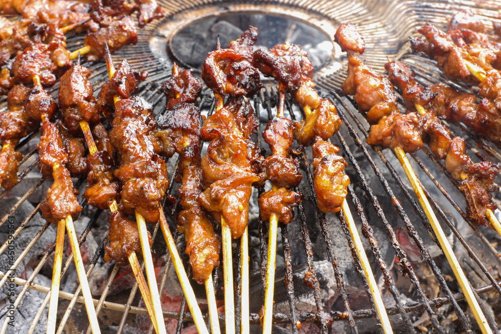 The process of burning savory beef satay with spicy spices over hot coals.hot and spacy satay