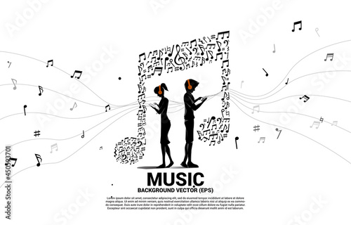 Vector man and woman wear mobile phone and headphone with music note dancing flow . Concept background for online streaming music.