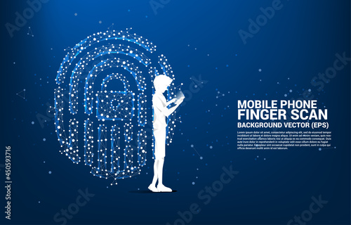 Silhouette businessman with mobile phone standing with thumbprint icon from dot connect line polygon. background concept for finger scan technology and privacy access.