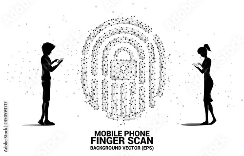 Silhouette businessman and businesswoman with mobile phone standing with thumbprint icon from dot connect line polygon. background concept for finger scan technology and privacy access.