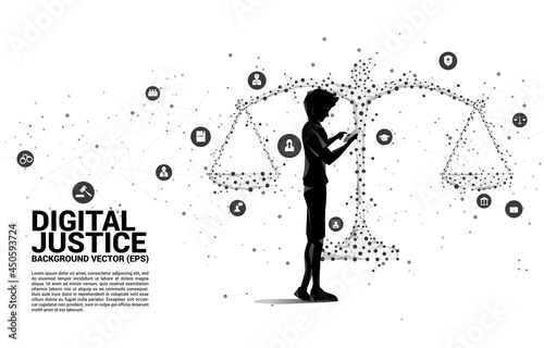 Silhouette of man use mobile phone standing with Justice scale polygon style from dot and line connection and icon. Background Concept of crime and law system