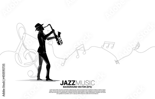 Vector silhouette of saxophonist with music melody note from single line. Concept background for jazz song and concert theme.