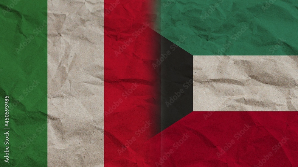Kuwait and Italy Flags Together, Crumpled Paper Effect Background 3D Illustration