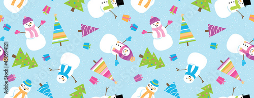 Winter wonderland snow friends! This seamless vector pattern features adorable snowmen and women bundled up against the winter day. Christmas trees accompany them.