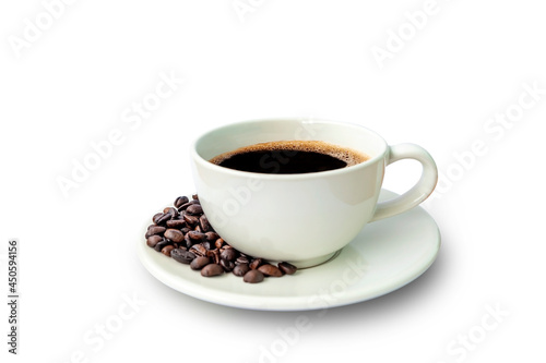 Black coffee in white cup and crow's beans isolated on white background with clipping path