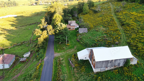 Aerial shot of an abandoned old cow barn near Callicoon, in the Catskills area of upstate, New York photo