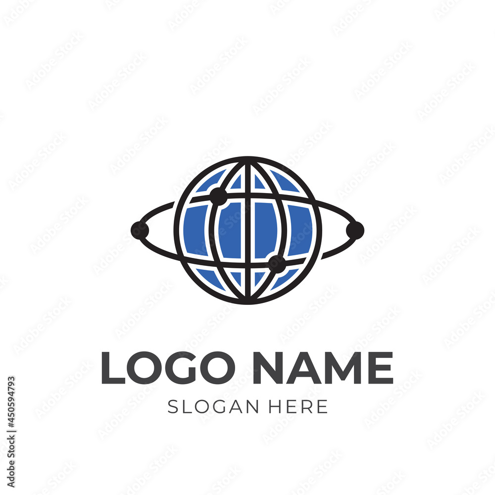 globe logo design with flat black and blue color style