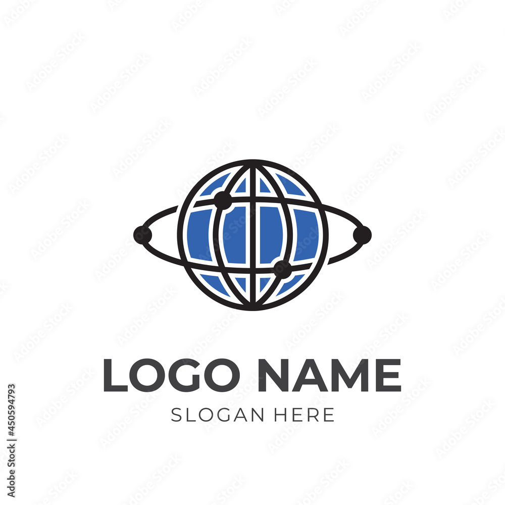 globe logo design with flat black and blue color style globe logo design with flat black and blue color style