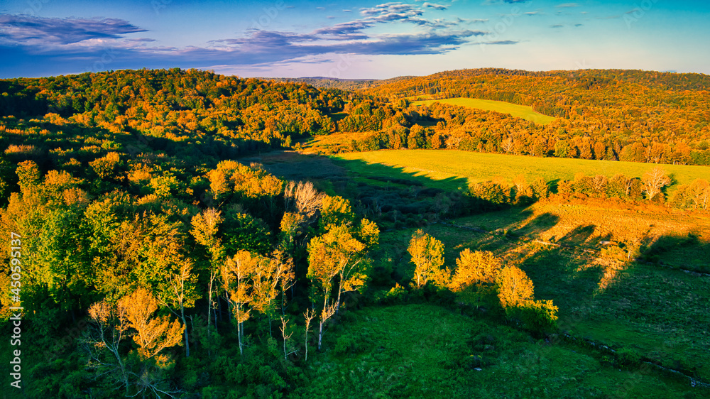 Obraz premium Aerial shot of a hill near Callicoon, in the Catskills area of upstate, New York