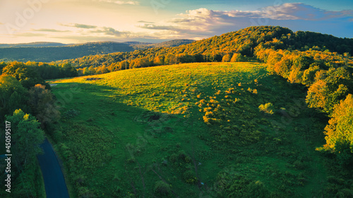 Aerial shot of a hill near Callicoon, in the Catskills area of upstate, New York