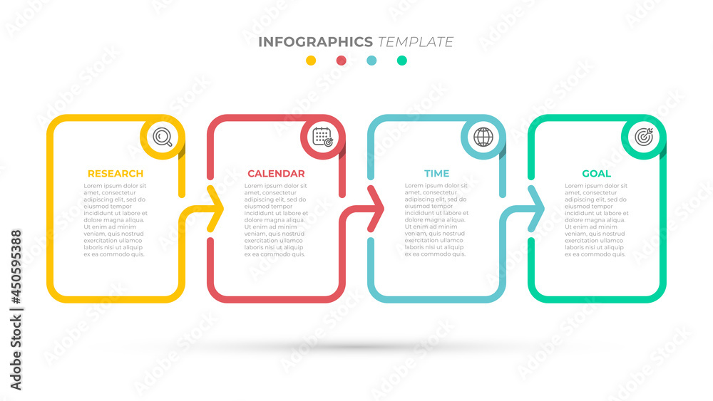 Business infographic template. Creative design elements with arrows and icons. Timeline process with 4 options or steps.