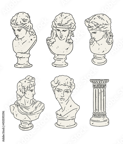 Greek Sculpture motifs vector line illustrations. ギリシャ彫刻・石工のイラスト素材