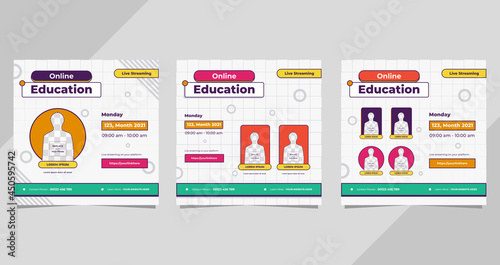 Set of social media post template for Online Education, Online class program, Courses and other E-Learning with white geometric background